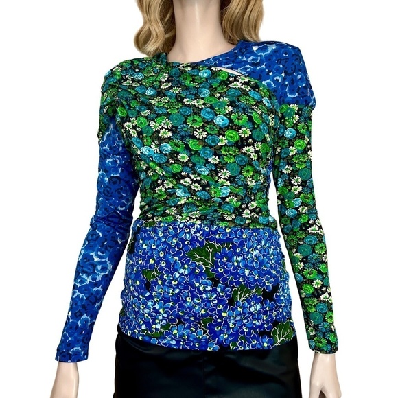 ZARA Patchwork Floral Blouse Top Keyhole Neckline Ruched Draped Cape Sleeve NWOT - Picture 14 of 16